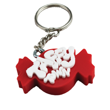 Red Taffy Town logo keychain in the shape of a wrapped salt water taffy candy, a fun accessory for fans of Taffy Town.
